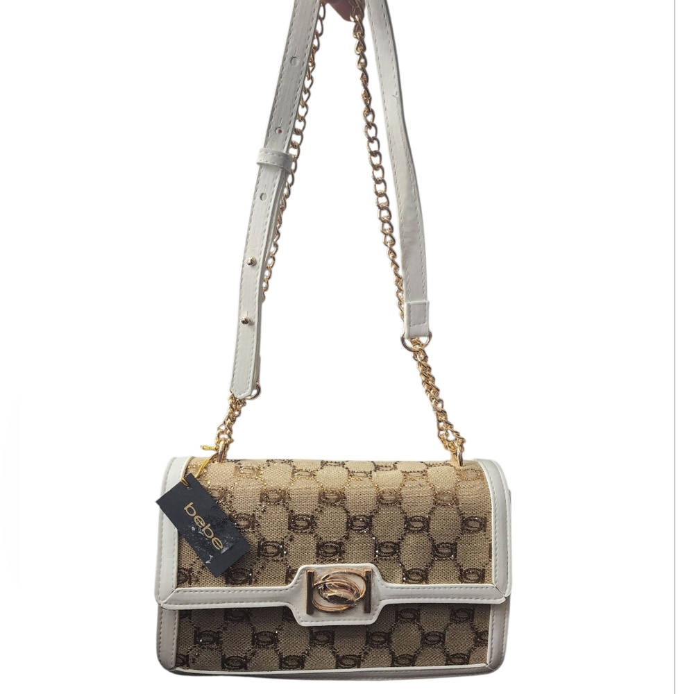 New Bebe Serena Monogram Shoulder Bag Color Tan Whith White And Sparkles
